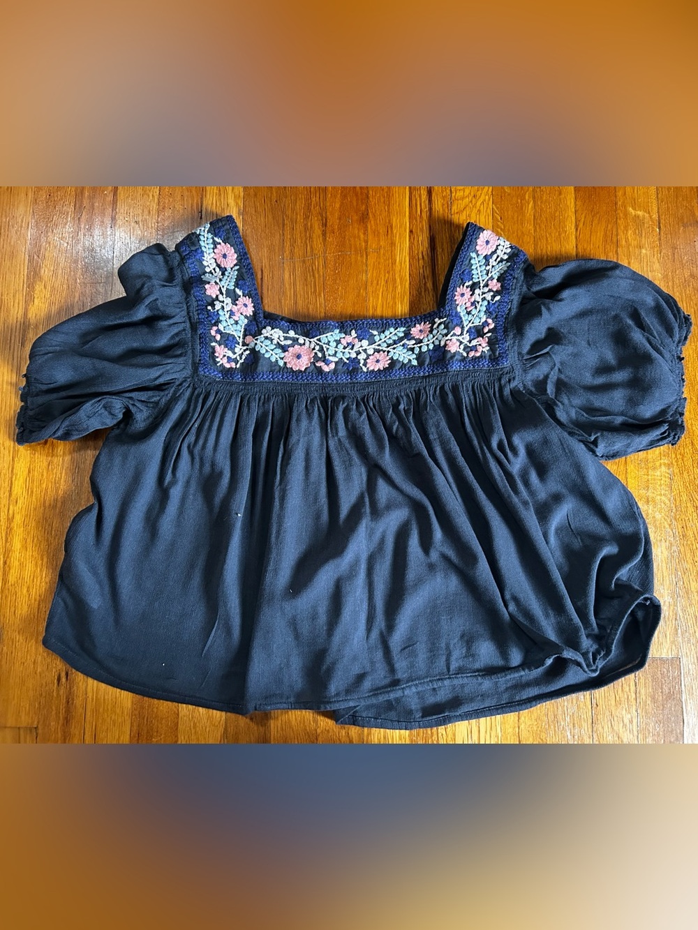 American Eagle Outfitters Navy Peasant Top with Pink Floral Embroidery